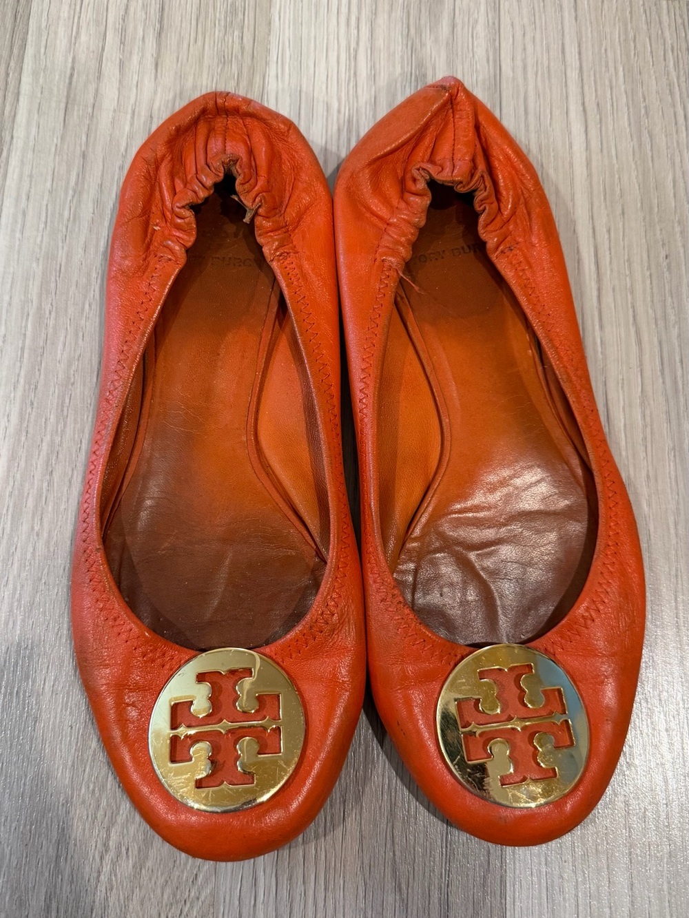 Tory Burch Bright Orange Leather Logo Ballet Flats